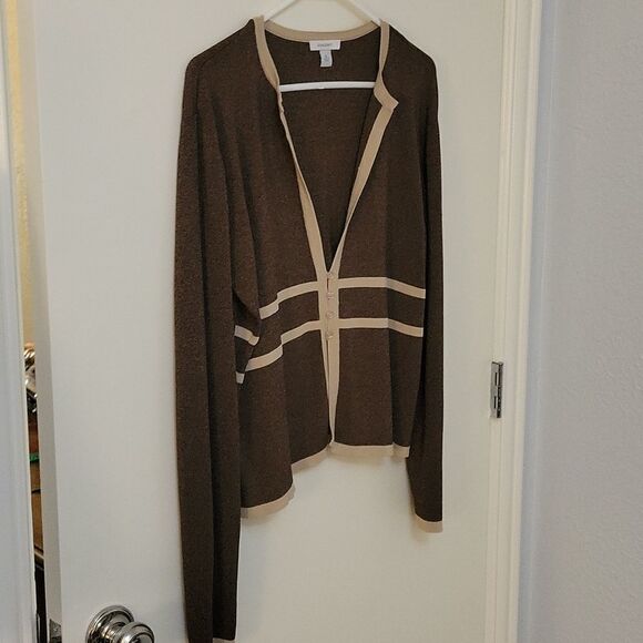 DRESSBARN Brown Collarless Preppy Varsity Long Sleeve Cardigan - Picture 2 of 9